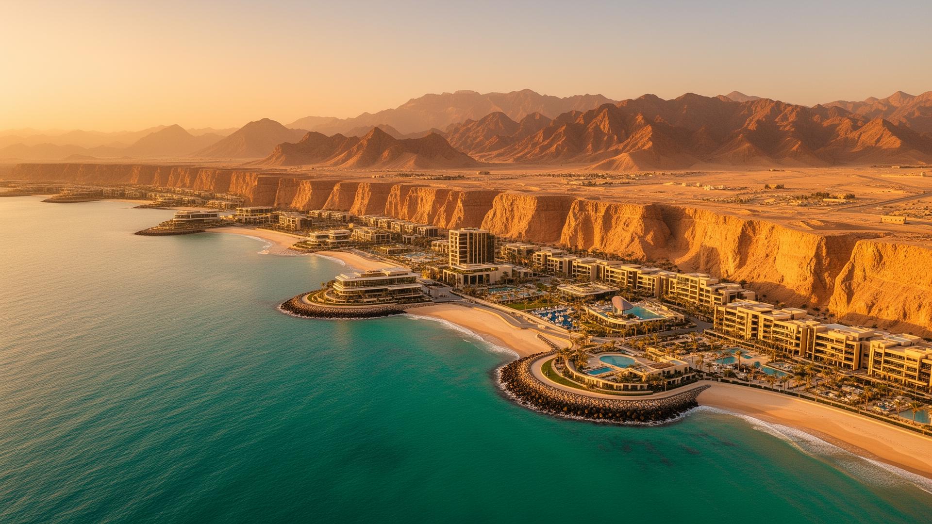 Aerial view of a luxury beachfront resort in Oman with turquoise sea and dramatic mountains at sunset.